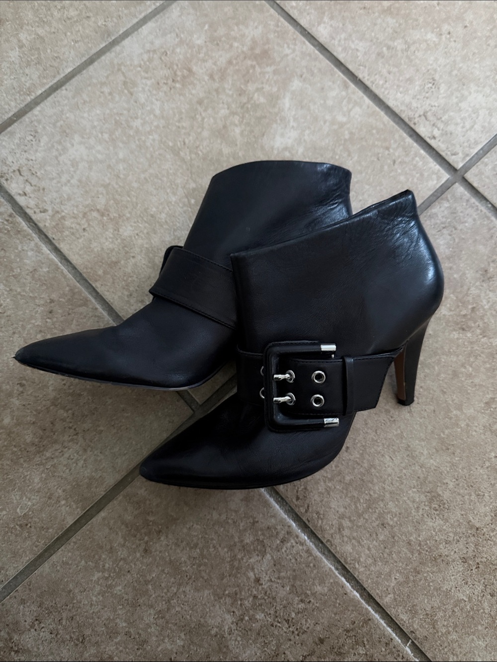 Nine West Black Leather Pointed Ankle Boots with Buckle Strap